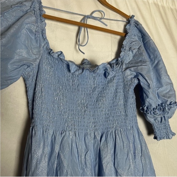Hill House Nesli Nap Dress Light Blue Metallic Glitter Smocked Square Neck Midi - Picture 3 of 5